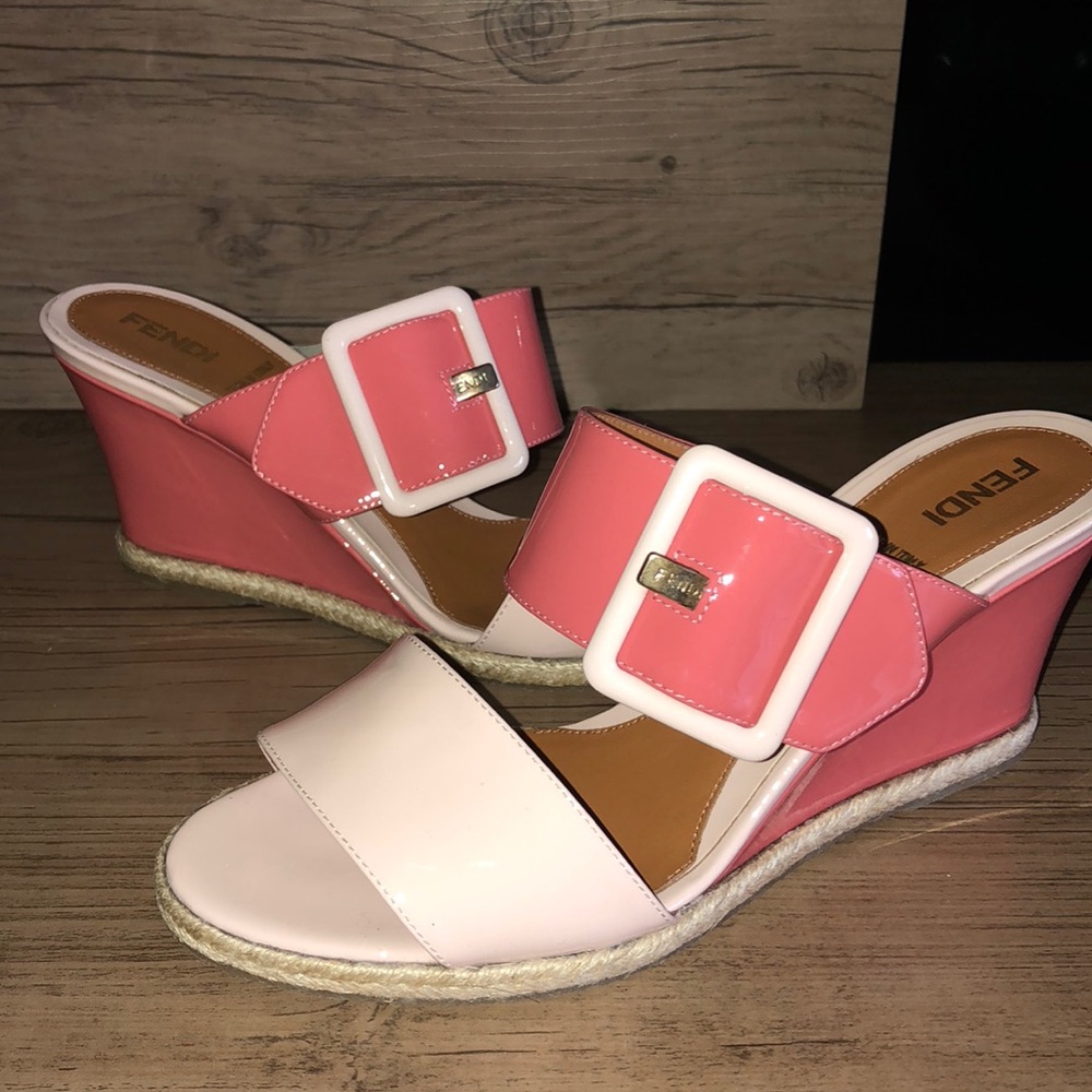 Fendi Pink Patent Leather Wedge Sandals